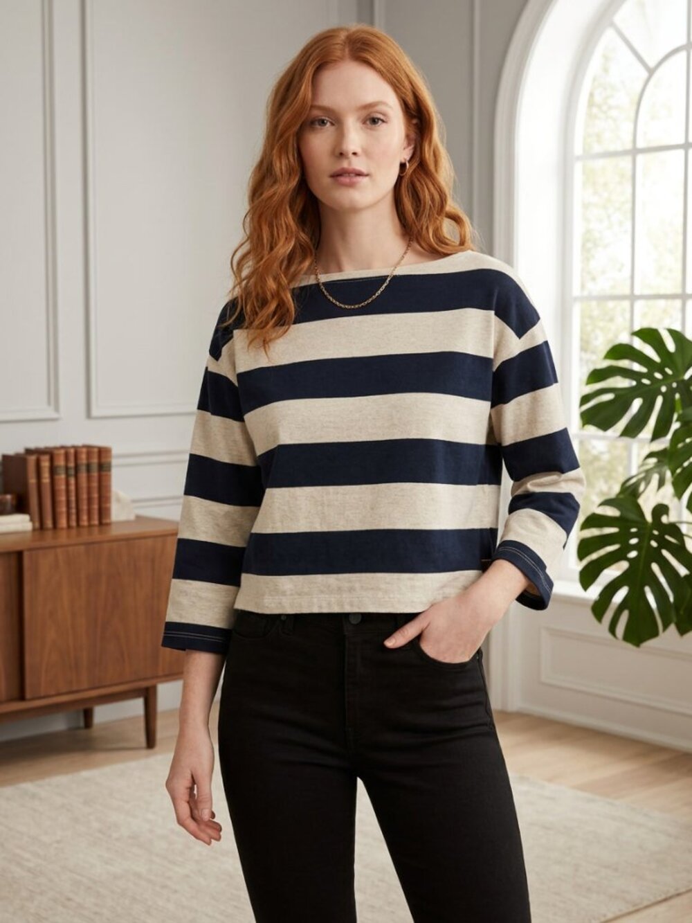 Banana Republic Striped Cotton Boat-Neck Long Sleeve Top Black Cream M GUC